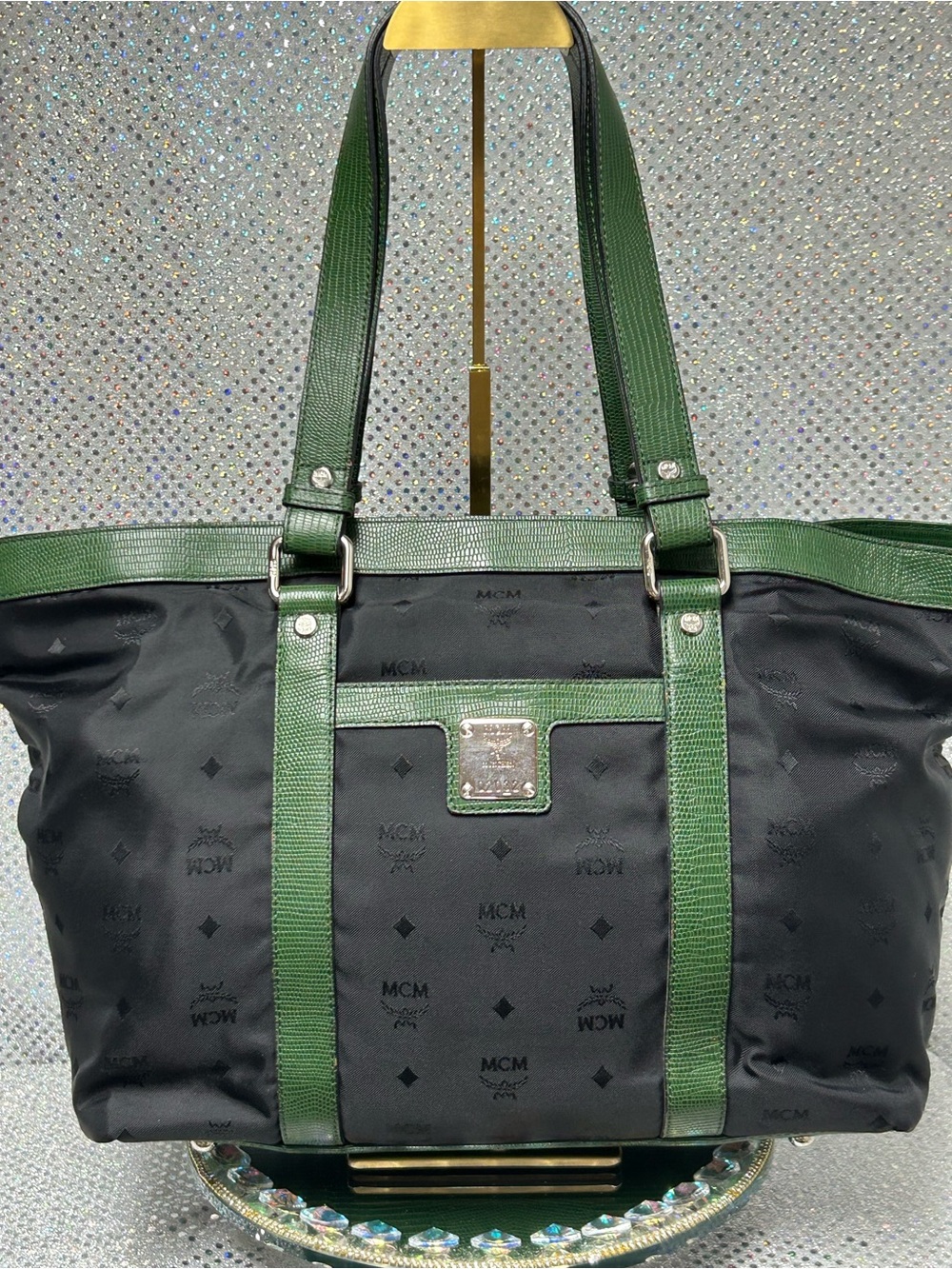 NUTS - MCM  Nylon Tote w/Green Leather Trim & Silver Plaque 14 x 10 x 5 w/COA - Picture 3 of 17